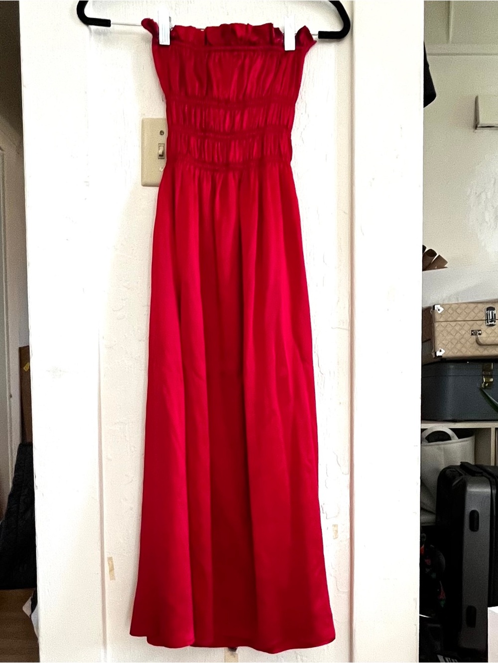 Reformation Plumeria Smocked Silk Strapless Midi Dress Red XS